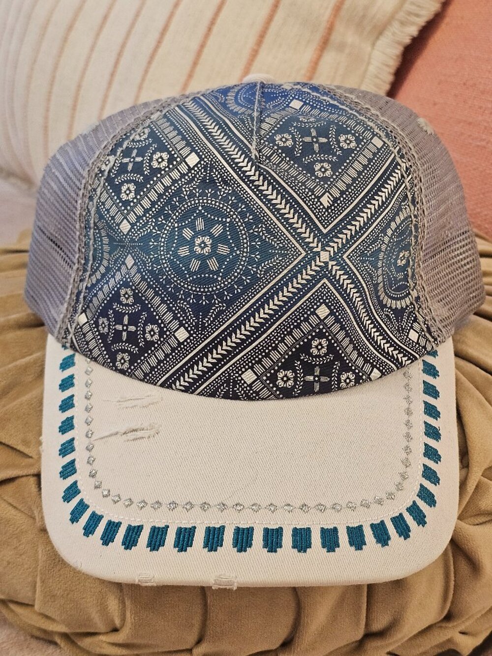 Catchfly Blue Bandana Patchwork Distressed Ponytail Trucker Hat Cap Embroidered